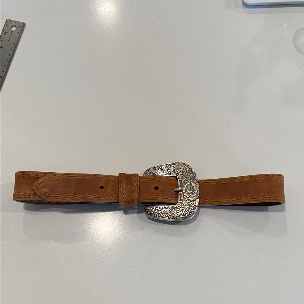 Brown Leather Belt with Silver Buckle 30 inch size medium vintage cowboy